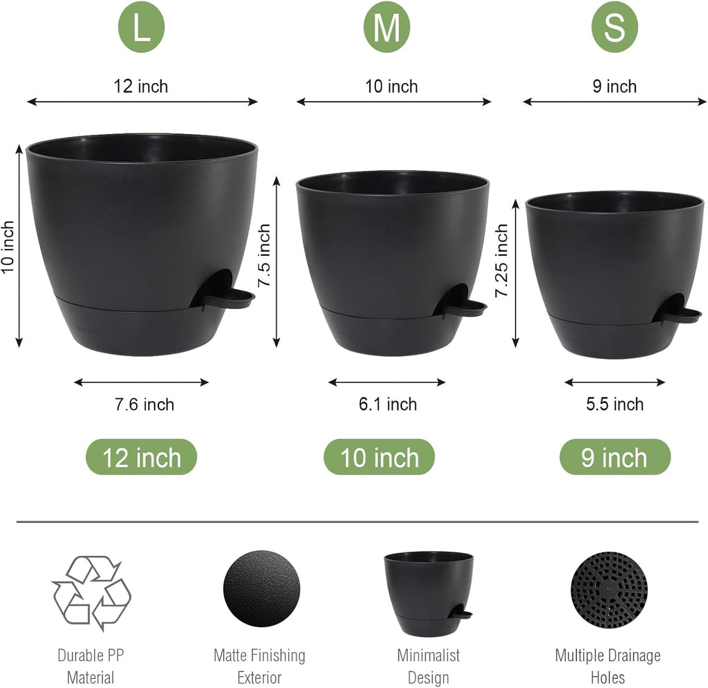 UOUZ Large Self Watering Pots, 12/10/9 Plastic Planters with High Drainage Holes and Deep Reservoir for Indoor Outdoor