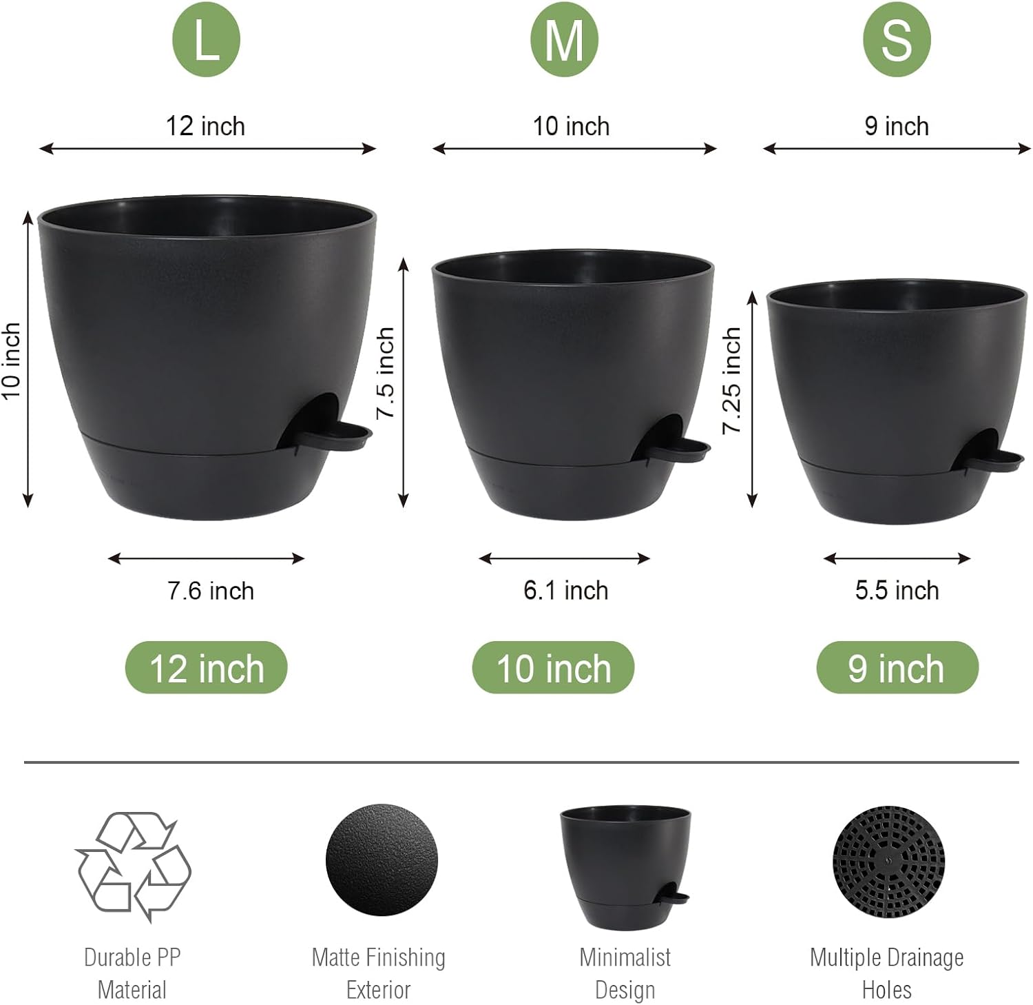 UOUZ Large Self Watering Pots, 12/10/9 Plastic Planters with High Drainage Holes and Deep Reservoir for Indoor Outdoor