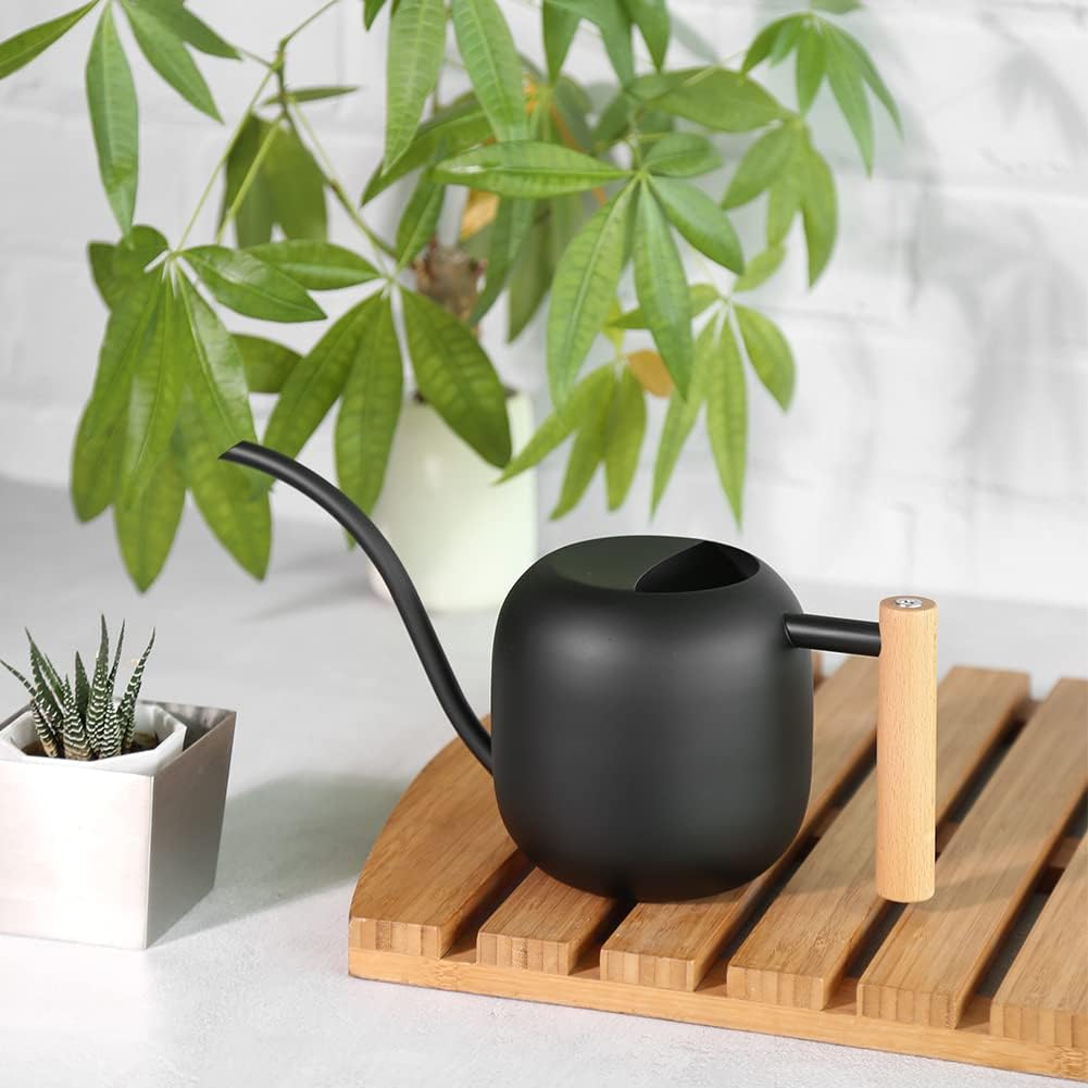 Watering Can 45 oz Long Spout Wooden Handle Stainless Steel | Houseplants, succulents, herbs, bonsai, precise pouring