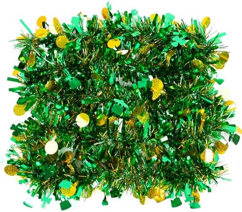FOIMAS 33 Feet St Patrick's Day Tinsel Garland,Mentallic Green and Gold Shamrock Clover Hanging Garland with Hat Lucky Coin Confetti for St Patrick's Day Wreath Home DIY Craft Decoration, Green & Gold