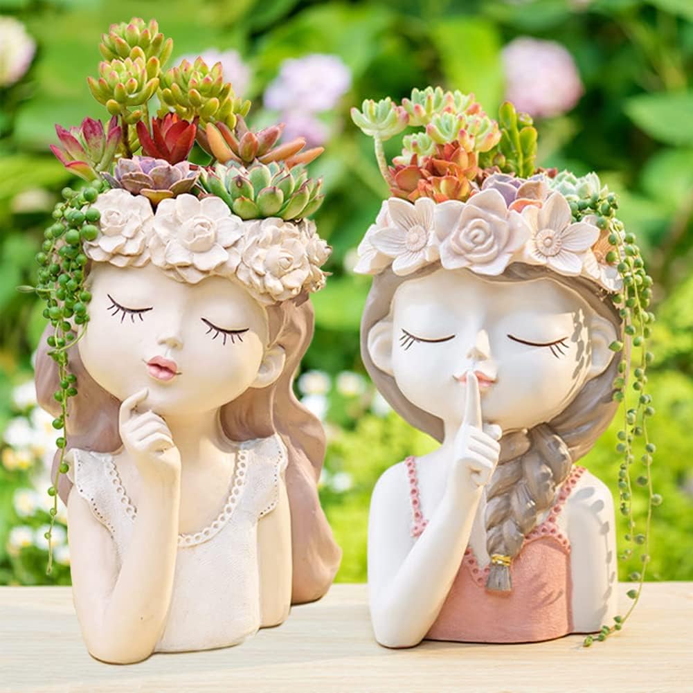 Succulent Plant Pot Drainage Hole large girl face planter pot big Resin lady head planter 11 inch tall flower vases