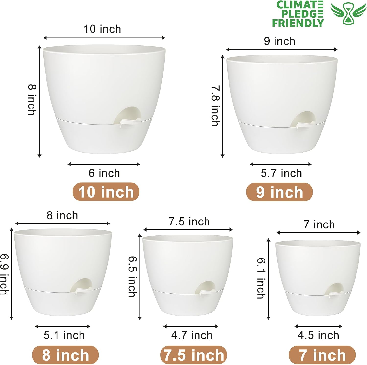 QRRICA Plant Pots 10/9/8/7.5/7 Inch Self Watering Pots, Set of 5 Plastic Planters with Drainage Holes and