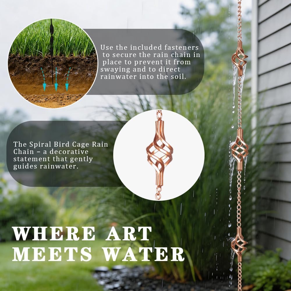 APX Gutter Rain Chains 11 Ft, Decorative Downspout Set with Hook & Anchor. | Cooper 11 Spiral Cups, Heavy Duty &