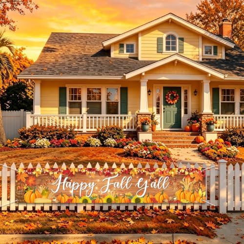 Fall Banner Happy Fall Yard Banner Rustic Pumpkins Sunflowers Outdoor Decor