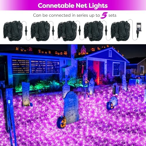 WBao Halloween Lights Outdoor 200LED 8.4ft x 5.2ft Purple Net Lights with 8 Modes, Timer, UL Certified, Connectable, Waterproof & Dark Green Wire for Lawn, Bushes, Trees, Outdoor Halloween Decorations