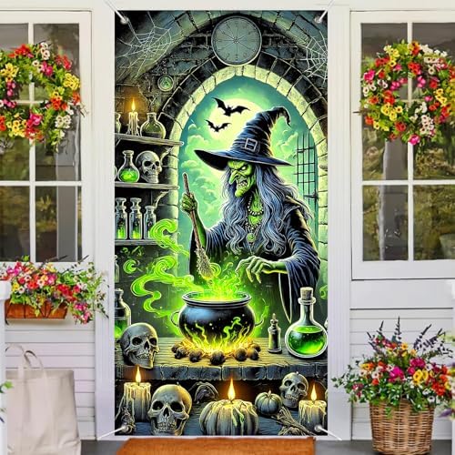 BlissYard Halloween Door Cover Green Witch Cauldron 35x71 Inch Polyester