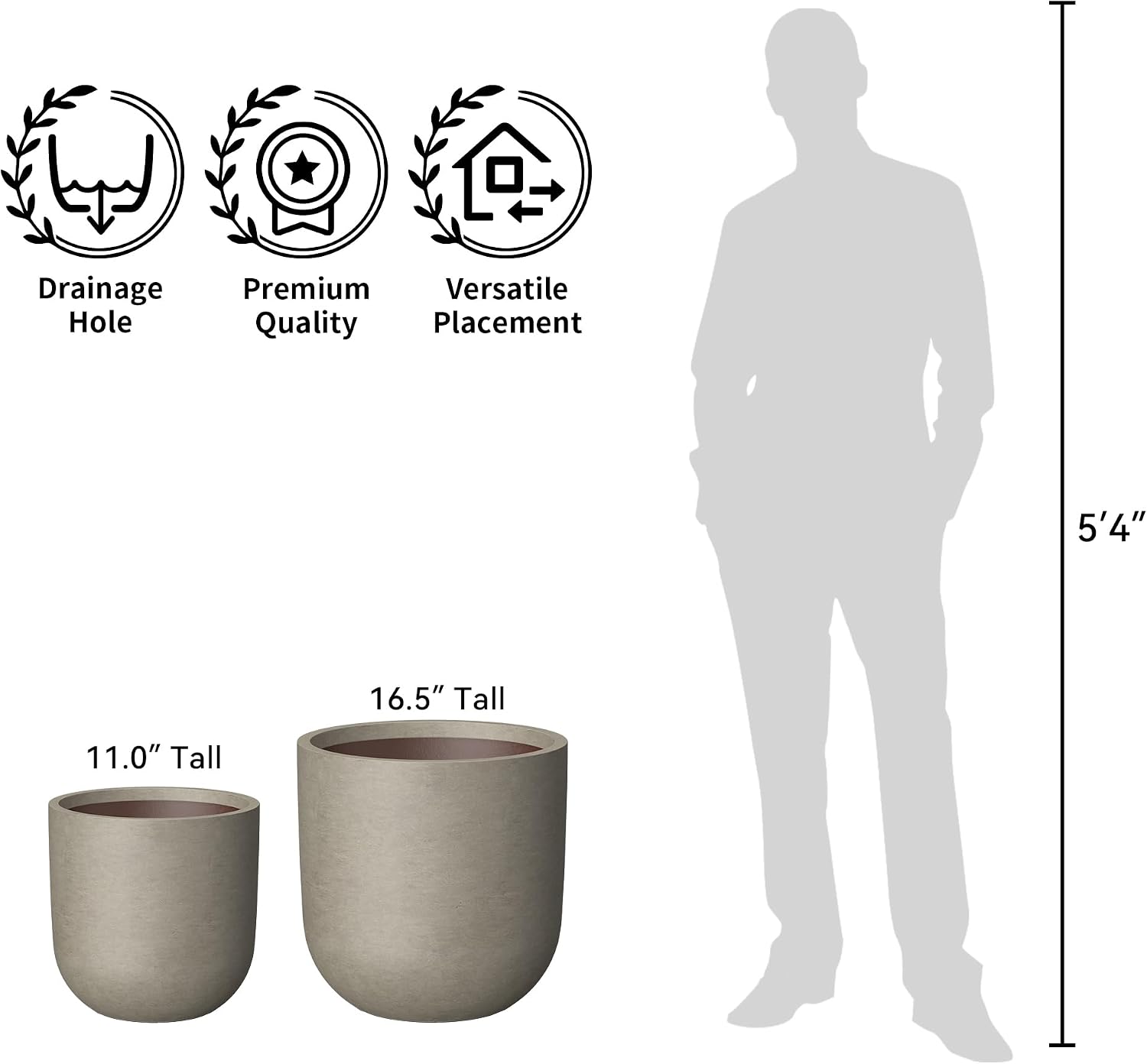 Kante Small Round Capsule Weathered Concrete Planter 11" Dia, Outdoor | Rubber Plug for Indoor, Drainage for Garden