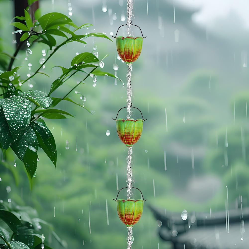 Rain Chains for Outside, 10FT Rain Water Chain with 12 Lily Cups | Adjustable Rain Gutter Chain with Bell for Eaves