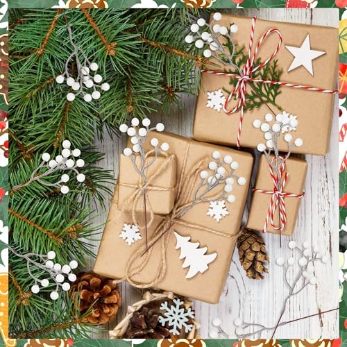 24PCS White Berry Stems 7.08in Christmas Tree Decor Faux Picks Glitter