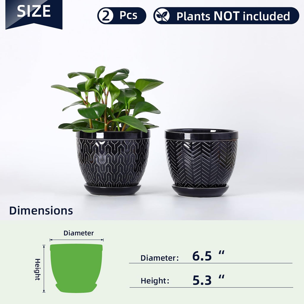 Sureasy 6.5 Inch Ceramic Plant Pots, Embossed Decorative Planters with Drainage Hole and Saucer, Modern Flower Pots for