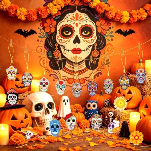36Pcs Dia de Los Muertos Ornaments Double Side Skull Hanging Decor