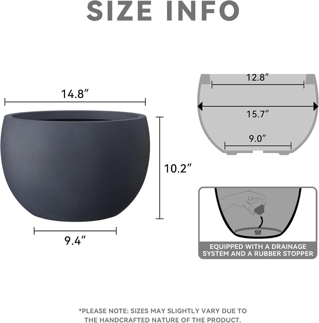 Kante Accent Round Bowl Charcoal Concrete Planter 15.7" Dia, Outdoor | Rubber Plug for Indoor, Drainage for Garden