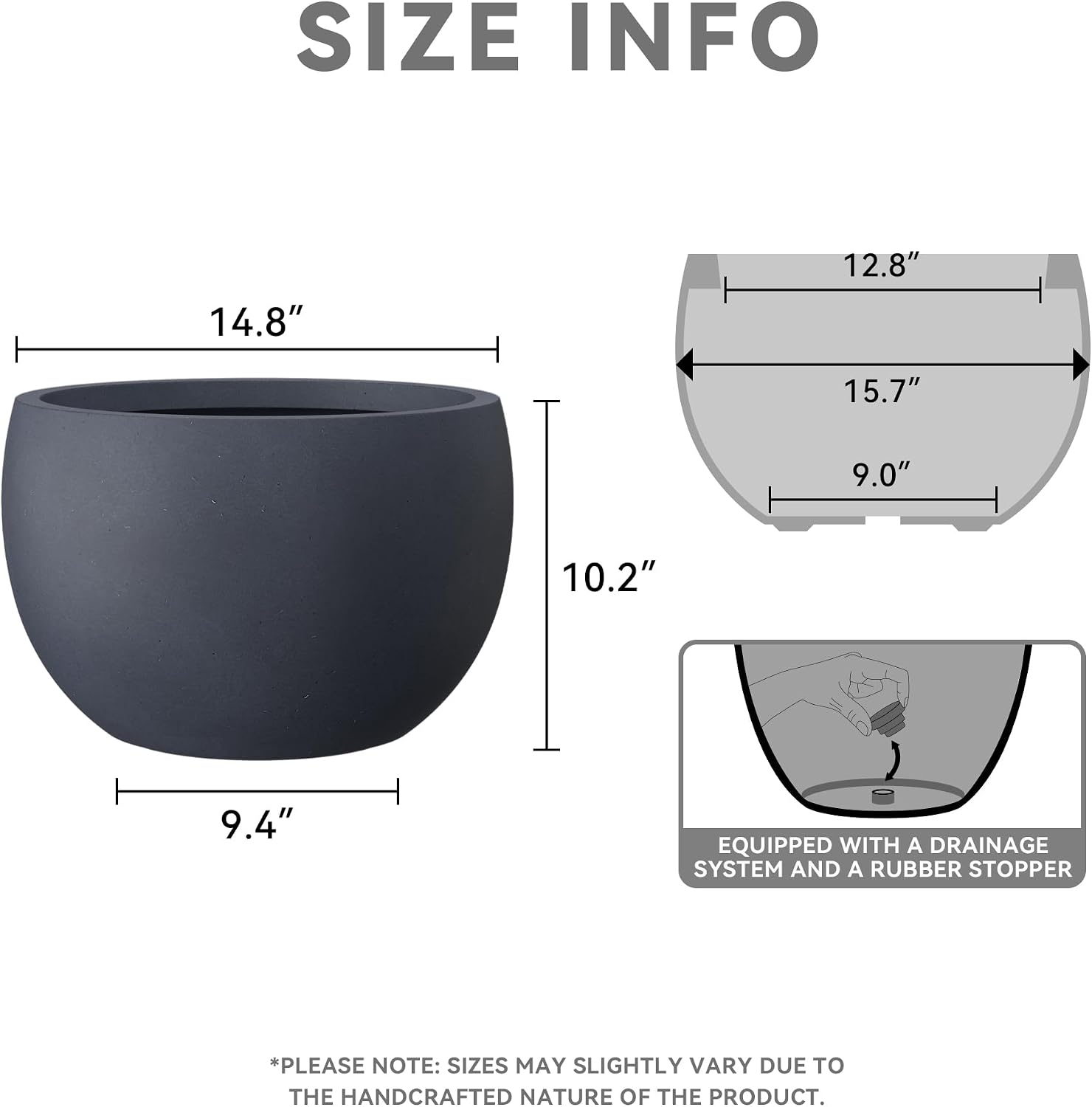 Kante Accent Round Bowl Charcoal Concrete Planter 15.7" Dia, Outdoor | Rubber Plug for Indoor, Drainage for Garden