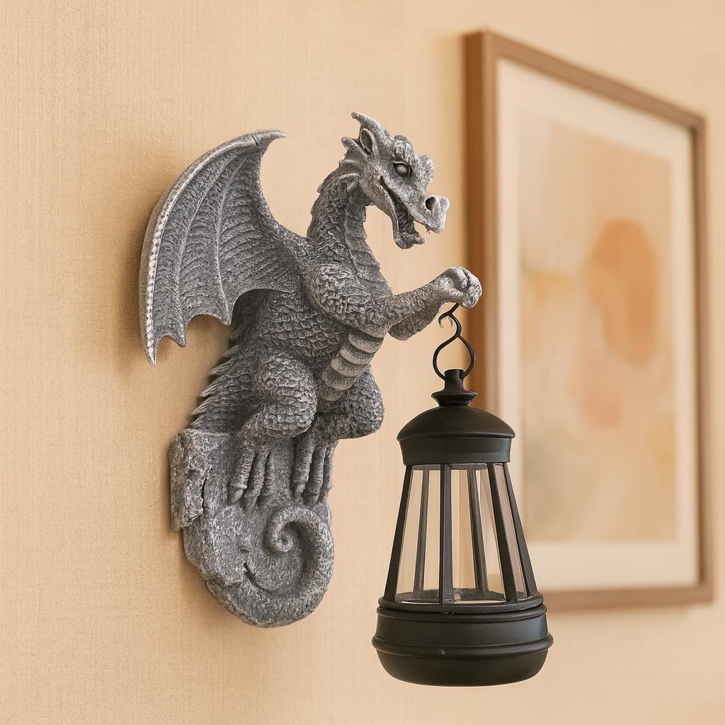 Solar-Powered Dragon Statue, 9 inch Outdoor Garden Decoration | Solar Light, Waterproof, Wall Hanging, Resin Sculpture
