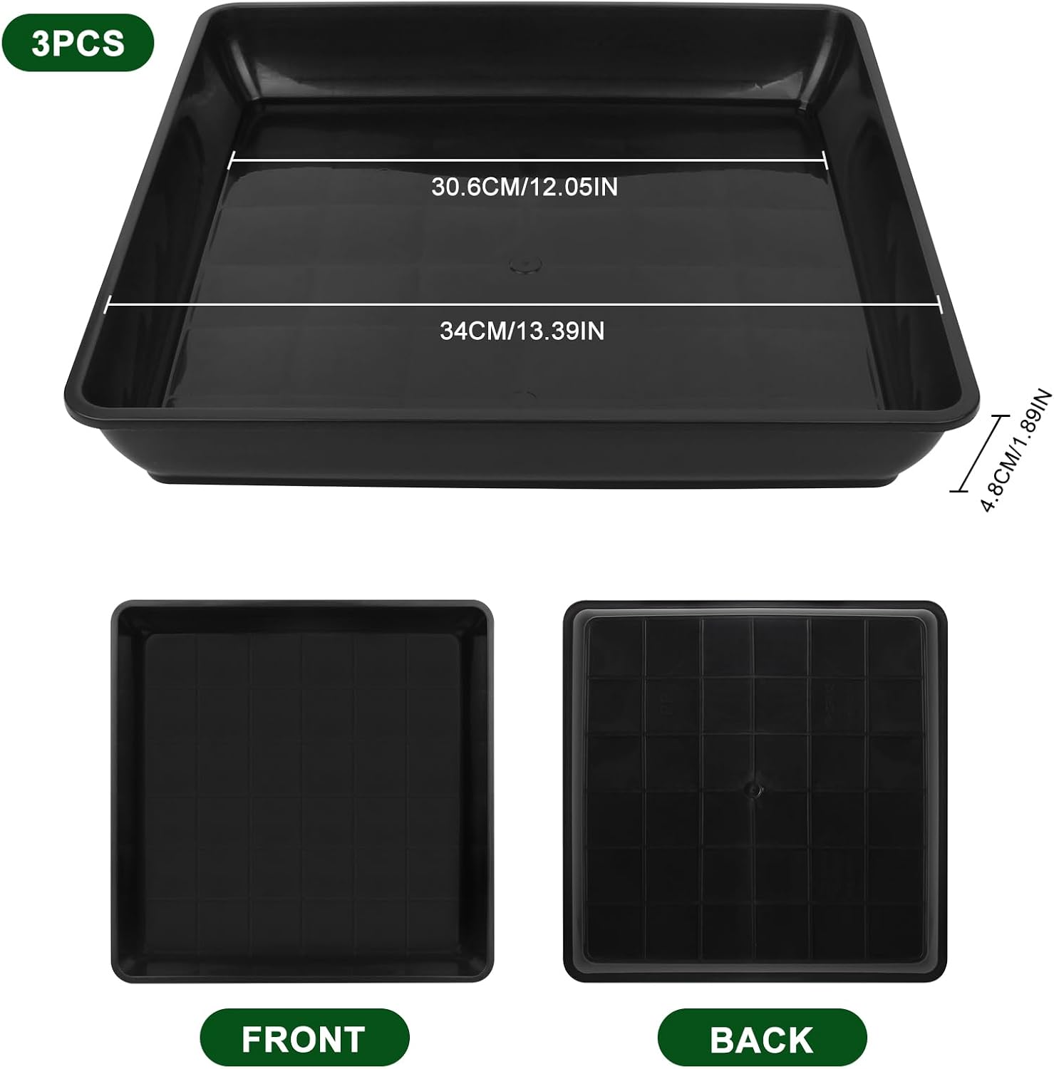 3 Pack 14 Inch Square Plant Saucer, Heavy Duty Plastic Plant Drip Trays for Pots, Durable Flower Pot Saucers for Indoor