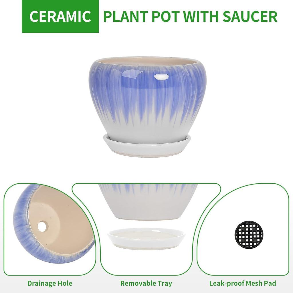 Deep Dream 6 Inch Plant Pots- Ceramic Planter Pot with Drainage Hole and Saucer, Round Flower Pot for Indoor Outdoor