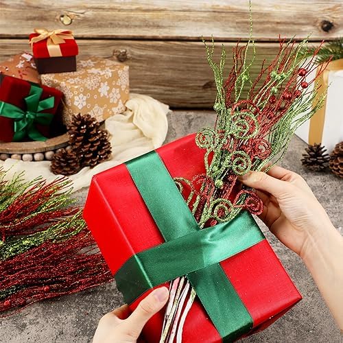 Tigeen 48 Pcs Christmas Tree Picks Glitter Curly Berry Stems,Red Green