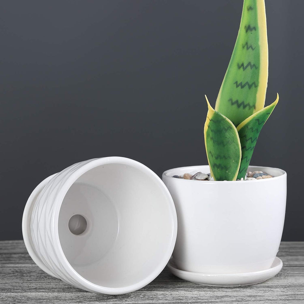 sietpoek 4.7” Ceramic Plant Pots with Drainage and Saucer 4PCs White | White Ceramic Flower Pots with Drainage Hole and