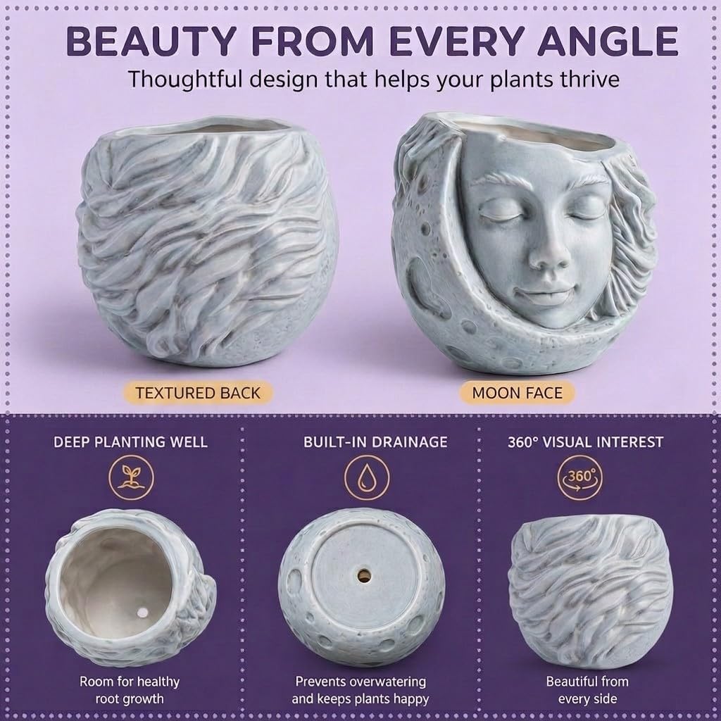 Fun & Unique Moon Face Hanging Planter Quirky Celestial Decor for Plant Lovers – Indoor Outdoor Flower Basket for