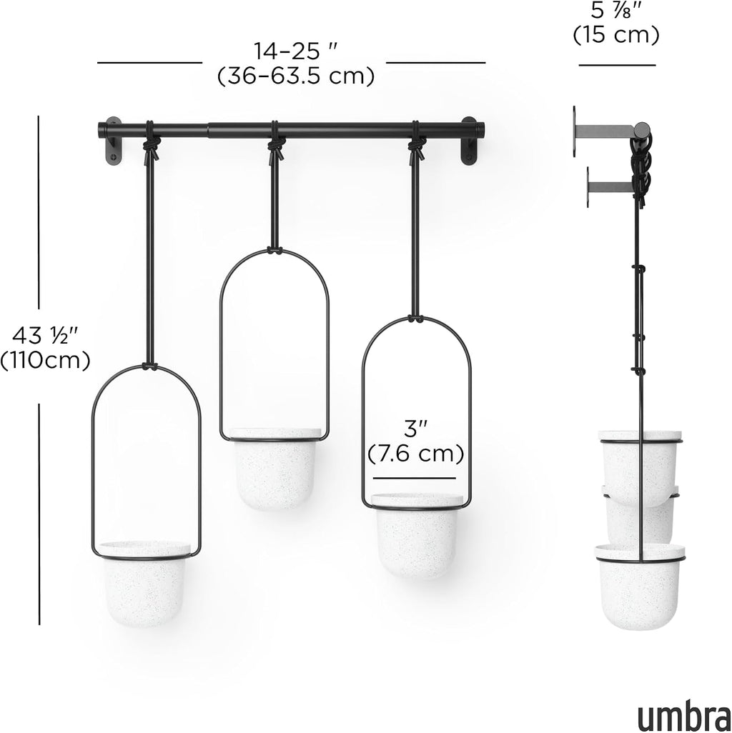 Umbra Triflora Hanging Planter, Indoor Herb Garden, Set of 3, White/Black | Extendable metal rod, adjustable rope