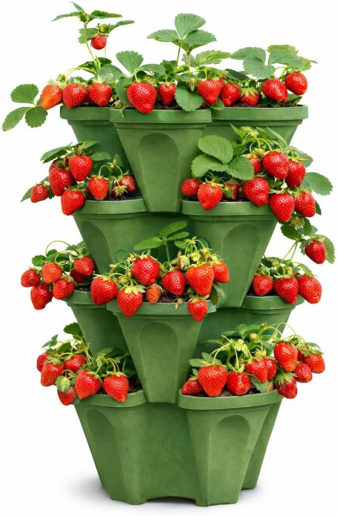 Large Vertical Planter Tower, 4 Tier Stackable Garden Planter, 16 Plant Sites, Heavy Duty Strawberry Planter, Vertical