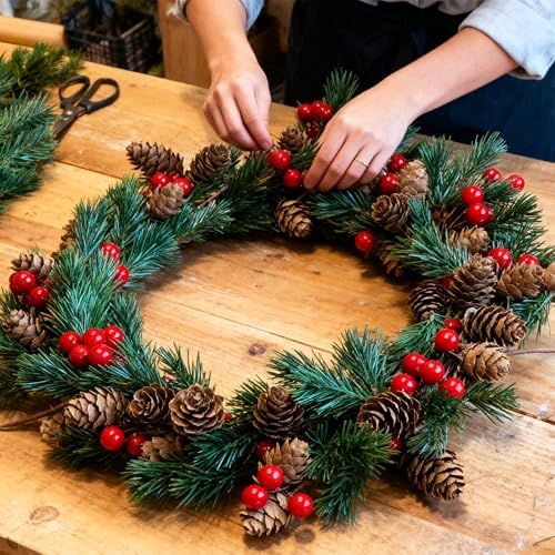 24 PCS Artificial Pine Picks with Pine Needles Branches & Red Berry Stems - 3.15'' Small Fake Berries Pinecones for Crafts, Christmas Tree DIY, Holiday Wreath Decor