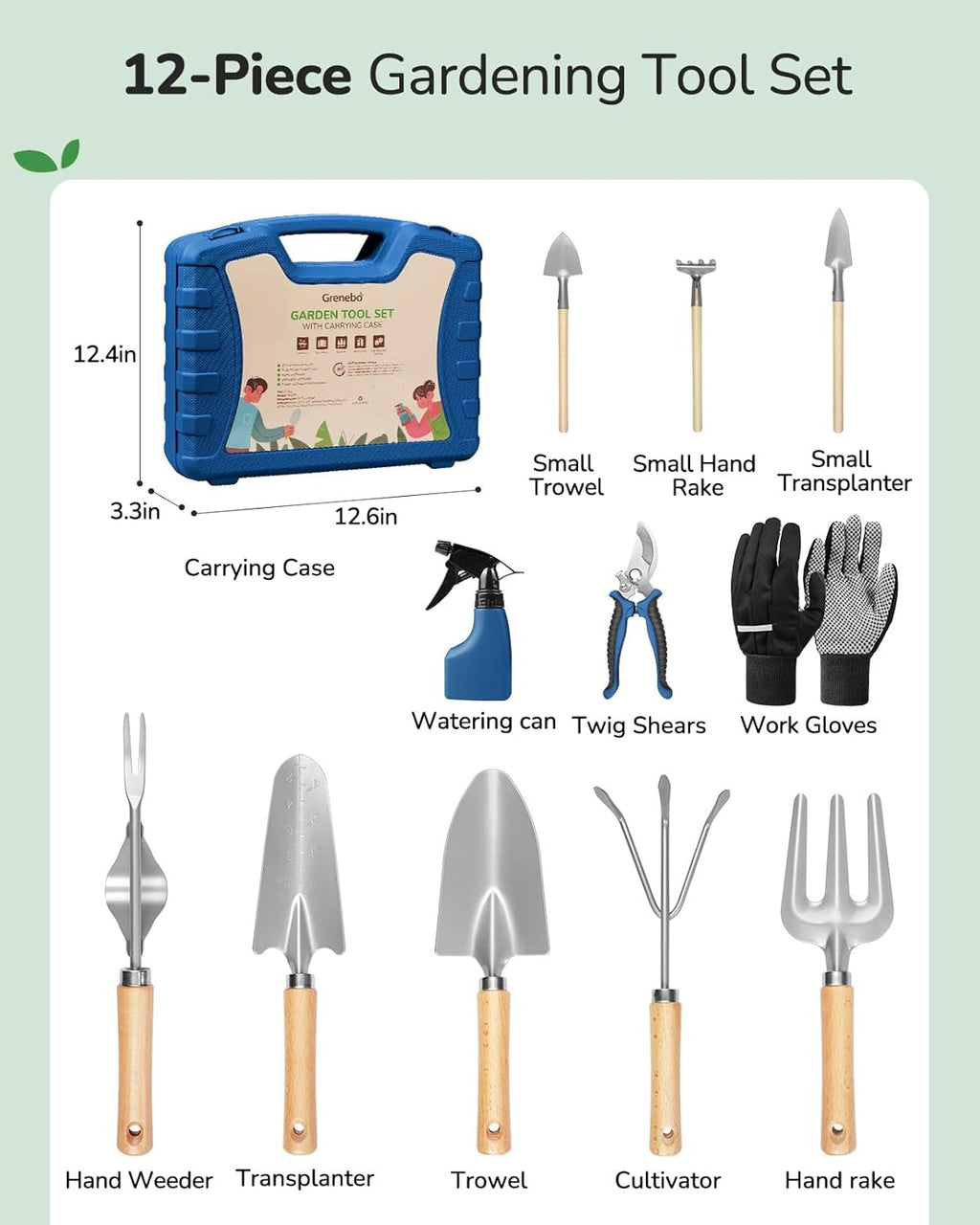 12-Piece Gardening Tools Set with Hard Storage Case, Blue | Heavy-Duty Steel Trowel & Pruner, Floral Print Design