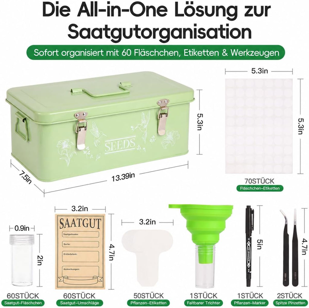 60 Slots Seed Organizer Storage Box with 3 Compartments,Large Metal Garden Seed Organizer with Lid&Safety Locks,Seed