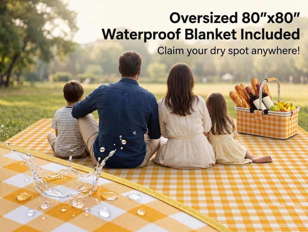 22L Collapsible Picnic Basket with Waterproof Blanket - Insulated Cooler Bag & Yellow Plaid Hamper Set - Includes