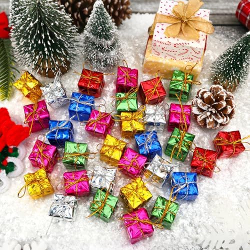 JUNEBRUSHS 120 Pcs Christmas Mini Boxes, Mini Foam Presents Small Shiny Gift Box Hanging Ornaments for Christmas Tree Home Decor Xmas Crafts