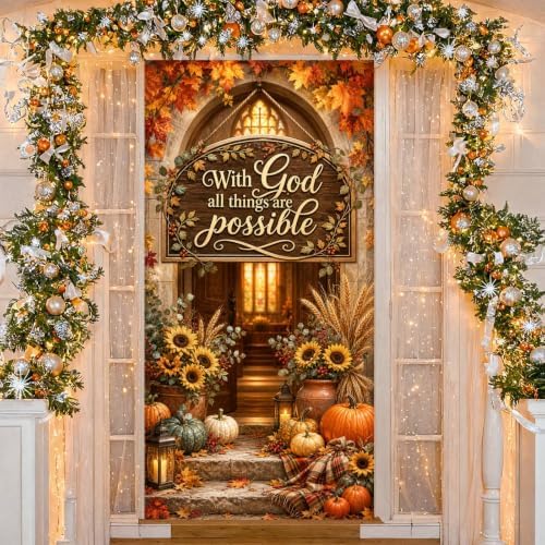 Fall Door Cover Decorations, 70.8 x 35.4 In With God All Things Are Possible Christian Harvest Front Door Banner with Ribbon, Thanksgiving Porch Sign for Party Decor