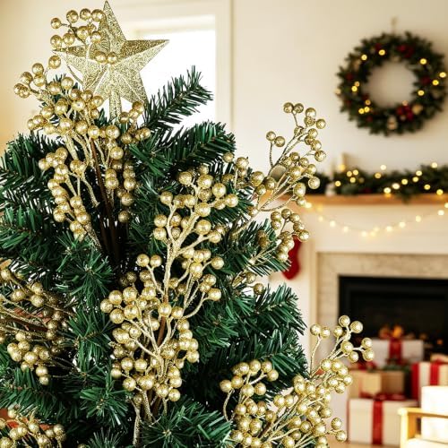 Fangoo Artificial Red Berry Stems, 6 PCS, 19.7 Inch, Burgundy Holly Berry Picks Branches for Christmas Tree, Wedding, Holiday Winter Decor (Gold)