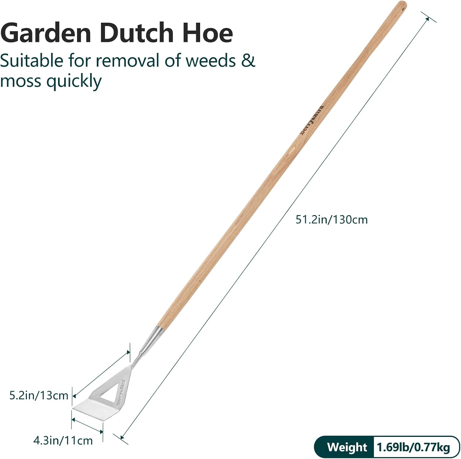 Berry&Bird Dutch Hoe, Stainless Steel Head with Wooden Handle Weeder, Women Heavy Duty Garden Tool for Weeding and