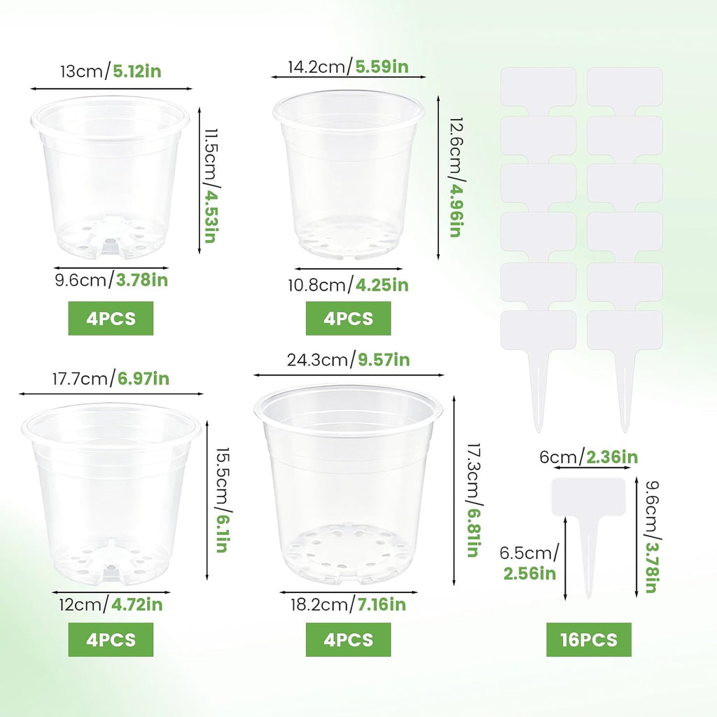 10/7/6/5 inch Clear Nursery Pots with Drainage Holes, 16 Pack Large Clear Plastic Pots with Plant Labels, Nursery Pots