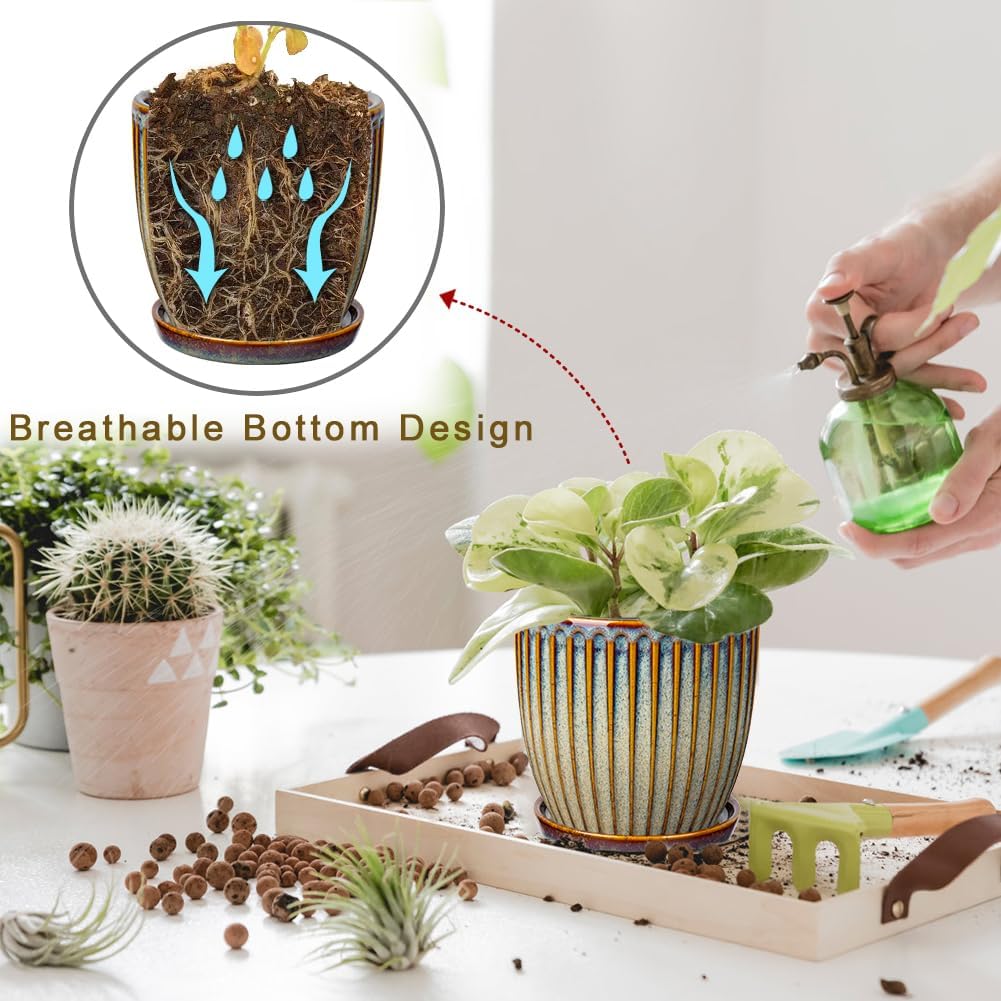 Oairse Ceramic Pots for Indoor Plants, 4.9 +5.7 inch Set of 2 Brown Plant Pots with Drainage Holes and Saucers Texture