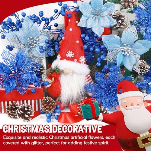 Hommtina 56 Pcs Christmas Decorations, 4 Styles Poinsettias Artificial Christmas Flowers Glitter Berries Stems Ornaments Tree with Pine Cones & Stems for Xmas Wedding DIY Wreath Floral Party (Blue)