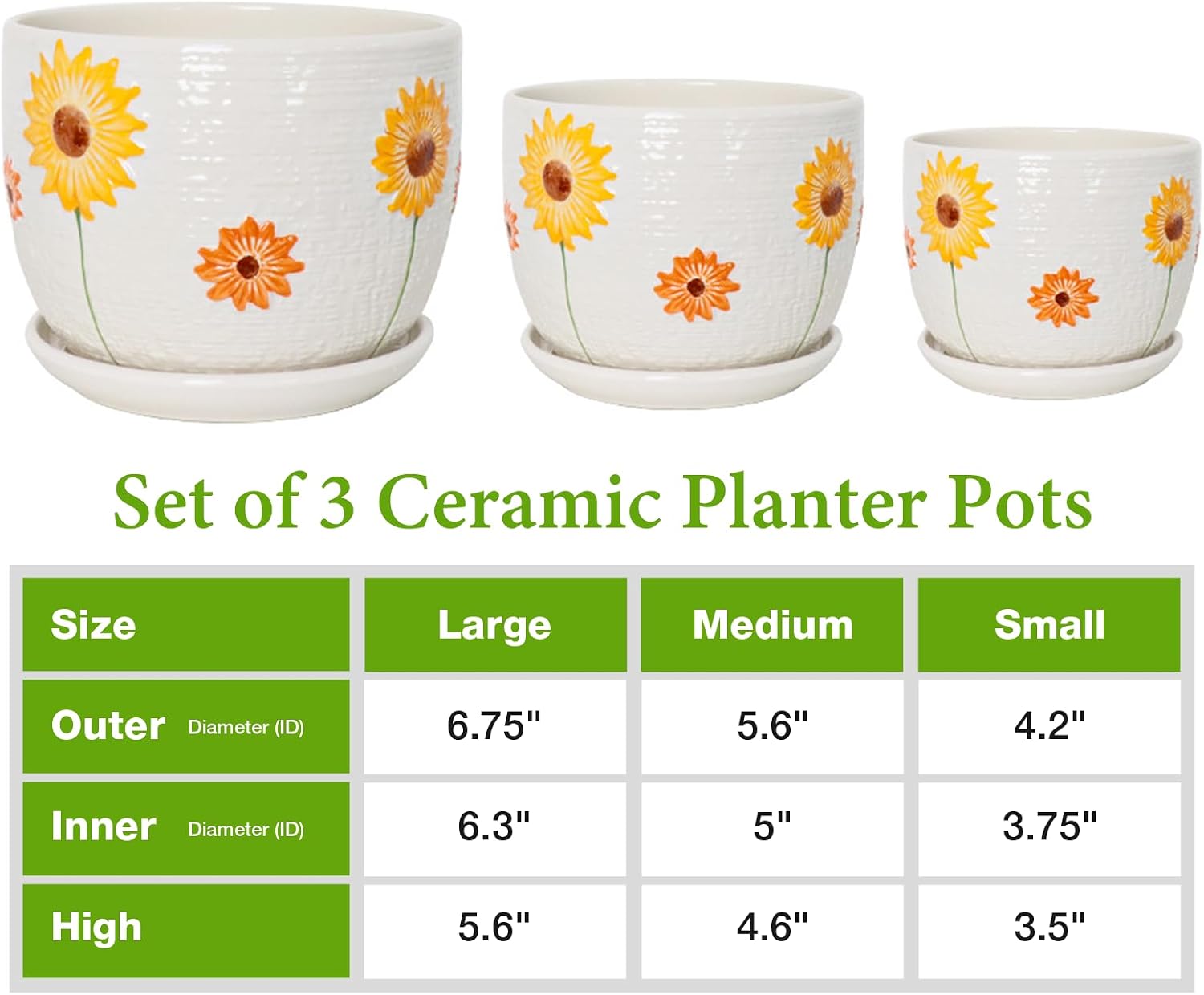 Hlukana Ceramic Plant Pots Set of 3, 6.75/5.6/4.2 inch Planters with Drainage Holes and Saucer, Flower Pots Outdoor
