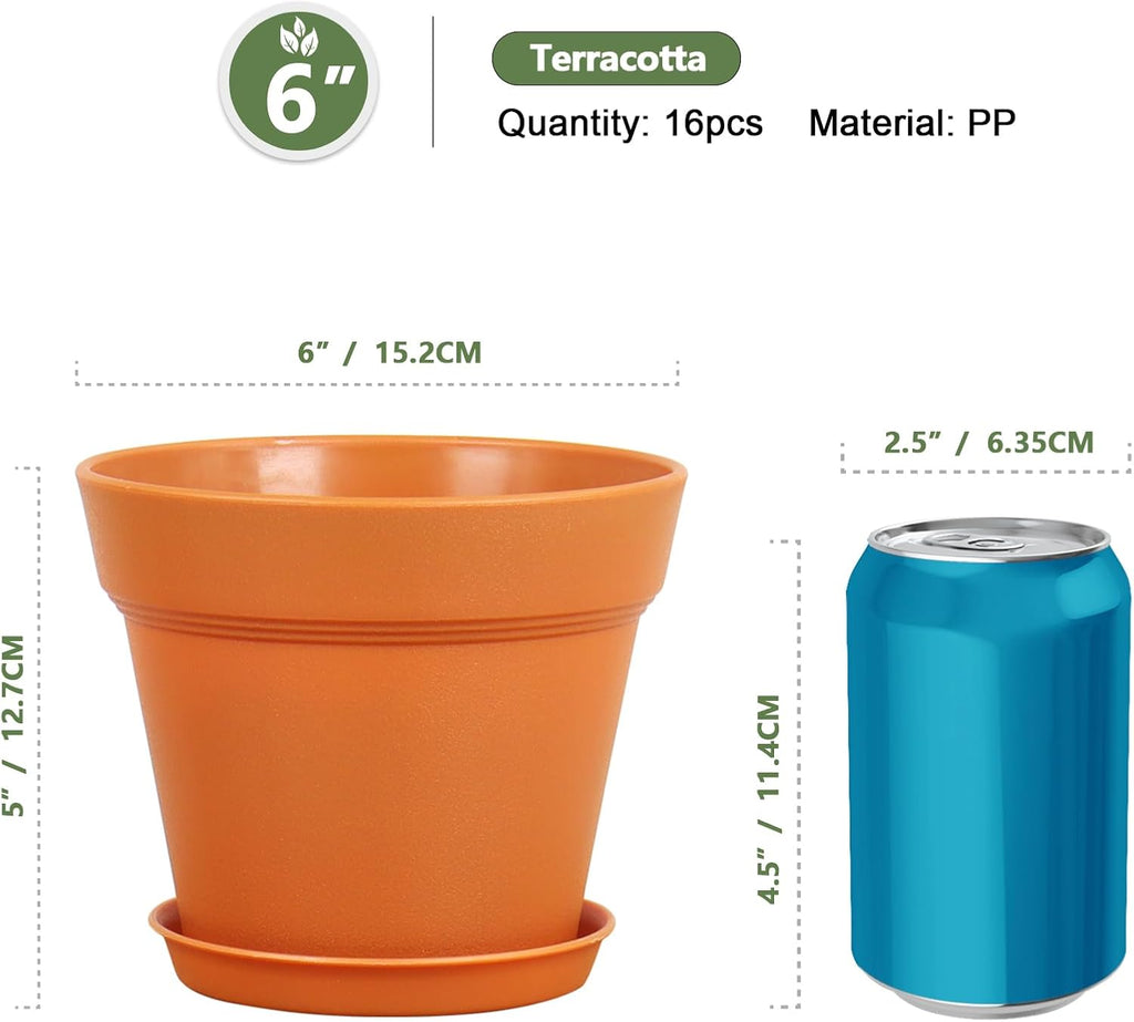 Meowell 6 inch Plastic Nursery Pots, 16 Pack Plant Pots for Indoor Outdoor Plants, Flower Pots with Drainage Holes and