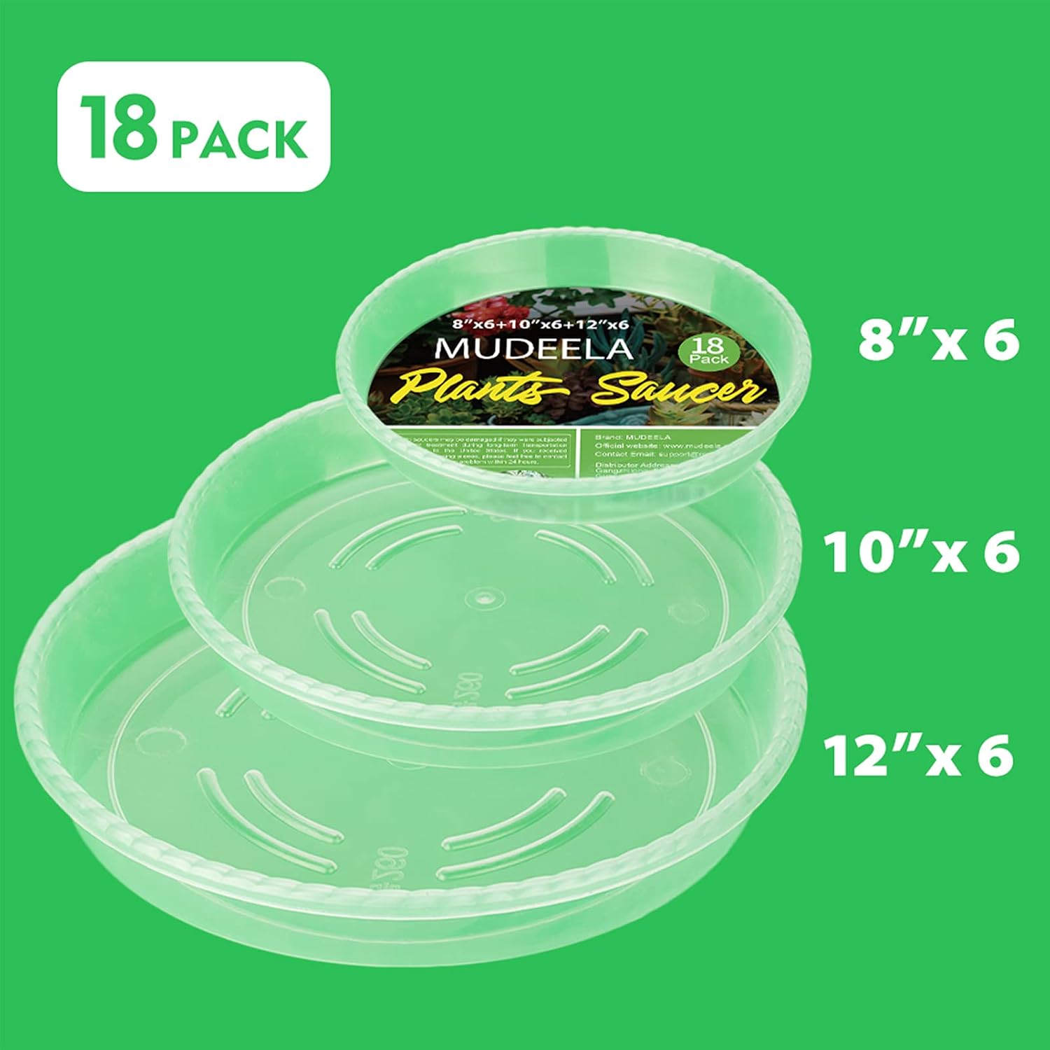 MUDEELA 18 Pack of 12 inch & 10 inch & 8 inch Plant Saucers, Durable Plant Trays for Indoors Outdoors, Clear Plastic