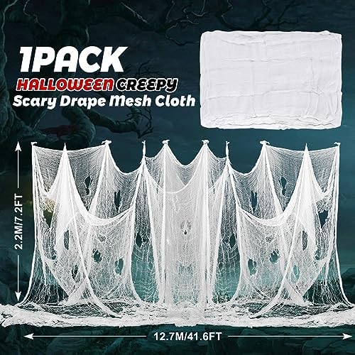 Waline Halloween Spooky Scary Cloth 41.6 x 7.2 Ft - White Gauze Fabric Decorations for Haunted House, Indoor/Outdoor Doorways & Entryways - Creepy Fabric Party Supplies