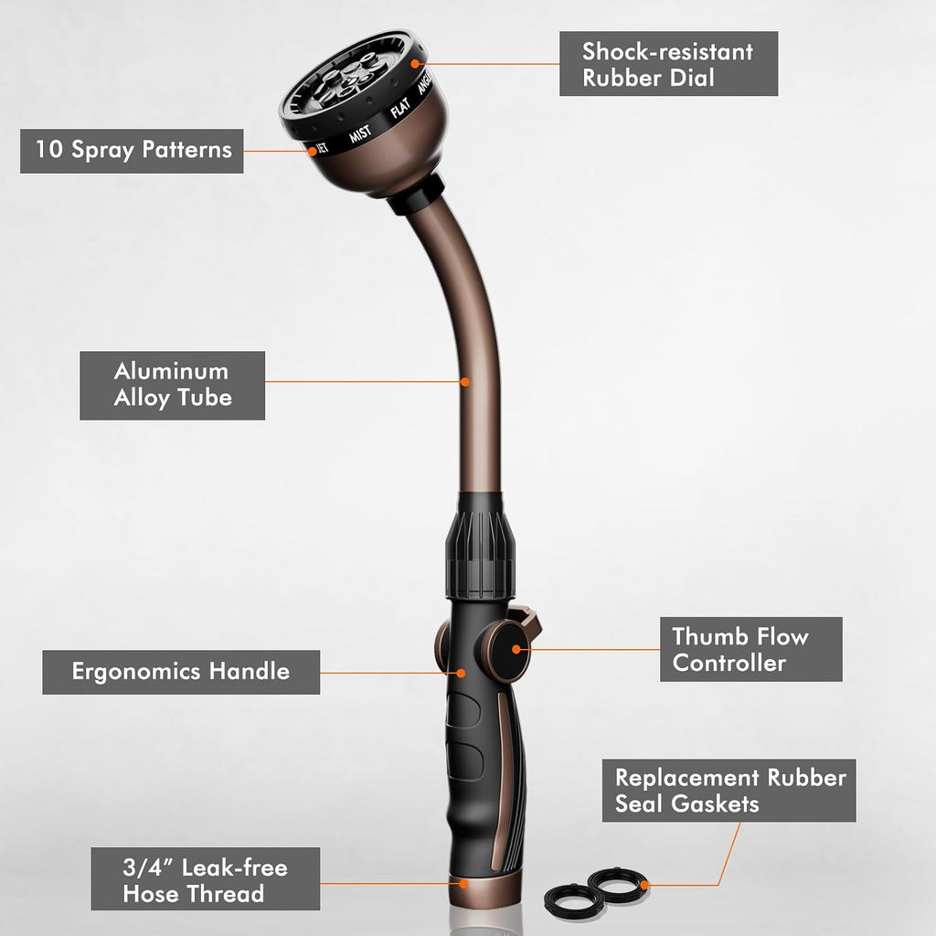 RESTMO Watering Wand Heavy Duty, 15-Inch Long Hose Nozzle Sprayer | 10 Spray Patterns & Thumb Flow Control, Metal