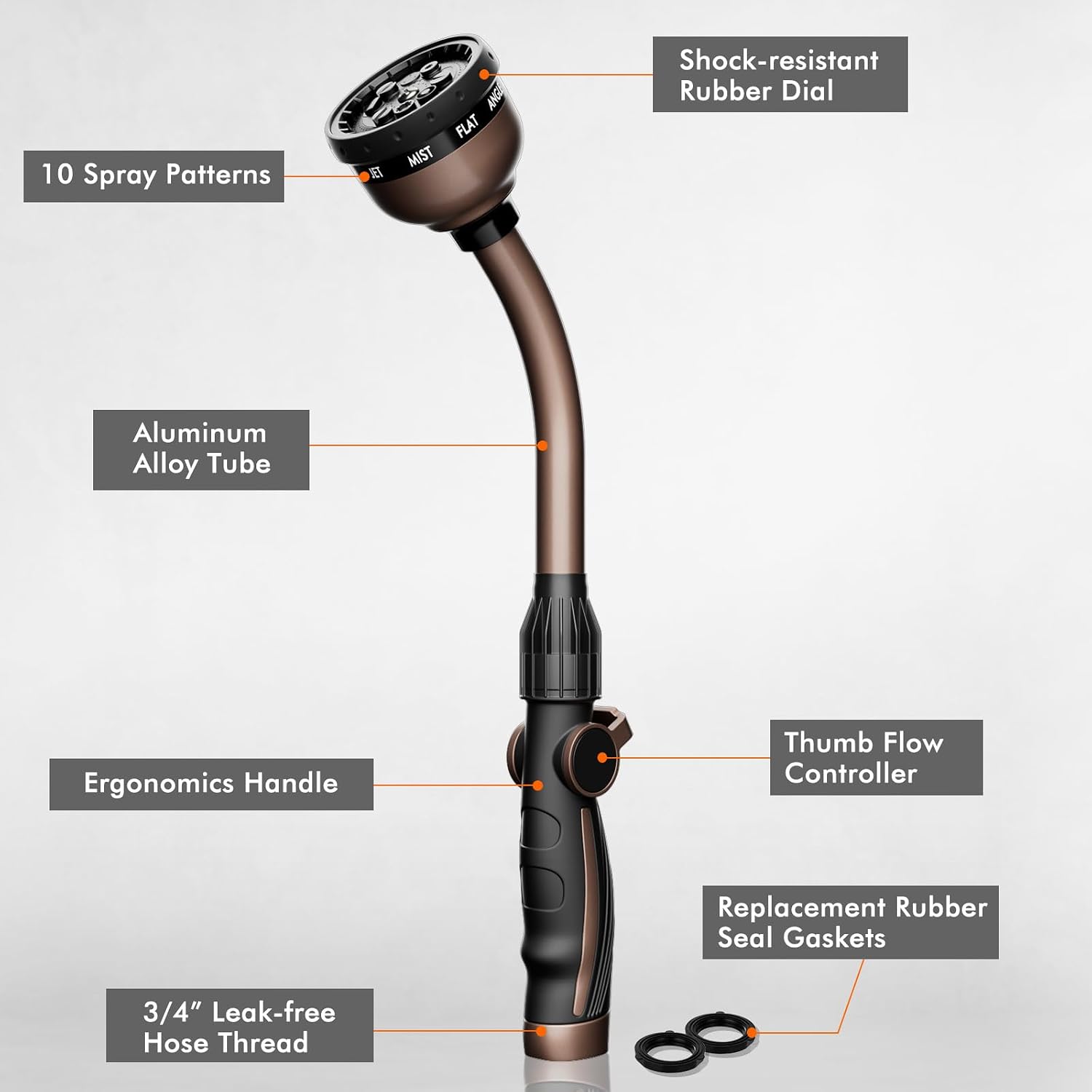 RESTMO Watering Wand Heavy Duty, 15-Inch Long Hose Nozzle Sprayer | 10 Spray Patterns & Thumb Flow Control, Metal