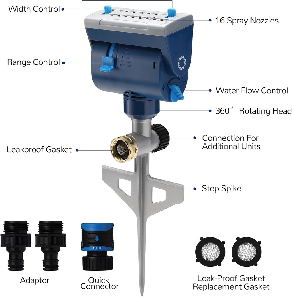 Airthereal Oscillating Sprinkler with Metal Step Spike and Quick Connect Adapter Set, Control Watering Range, Width