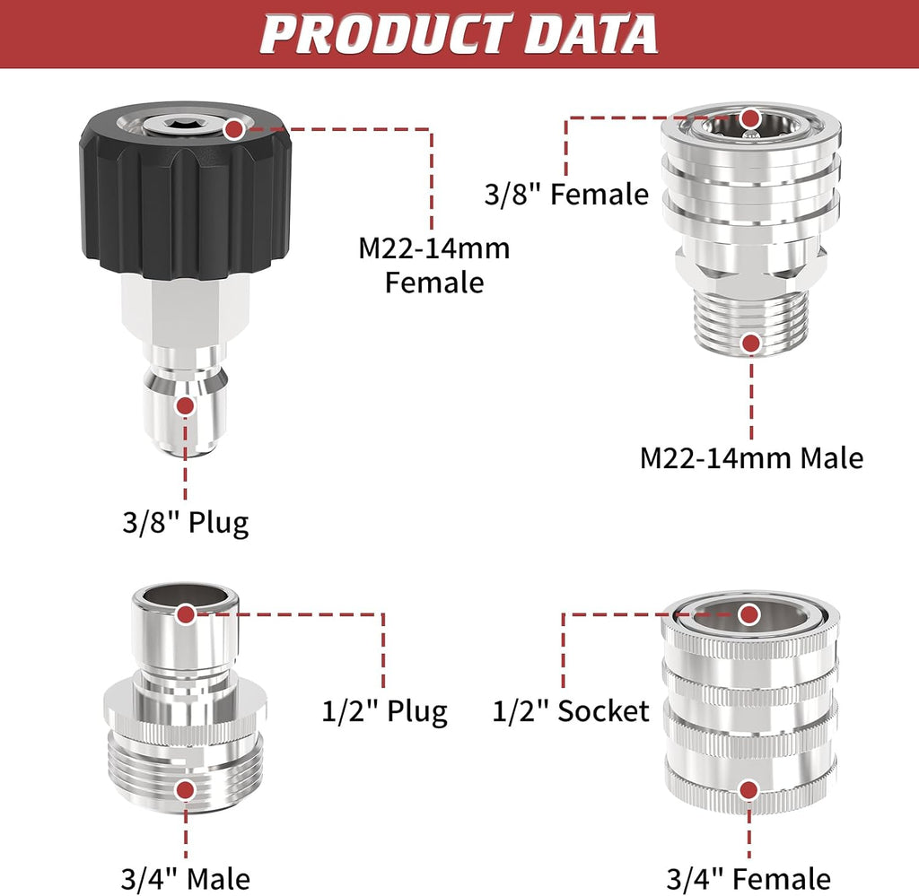 3/8" Pressure Washer Quick Connect Kit, M22-14mm Swivel Fitting | 3/8" Adapter Set, Stainless Steel 3/4" to M22 to 3/8"