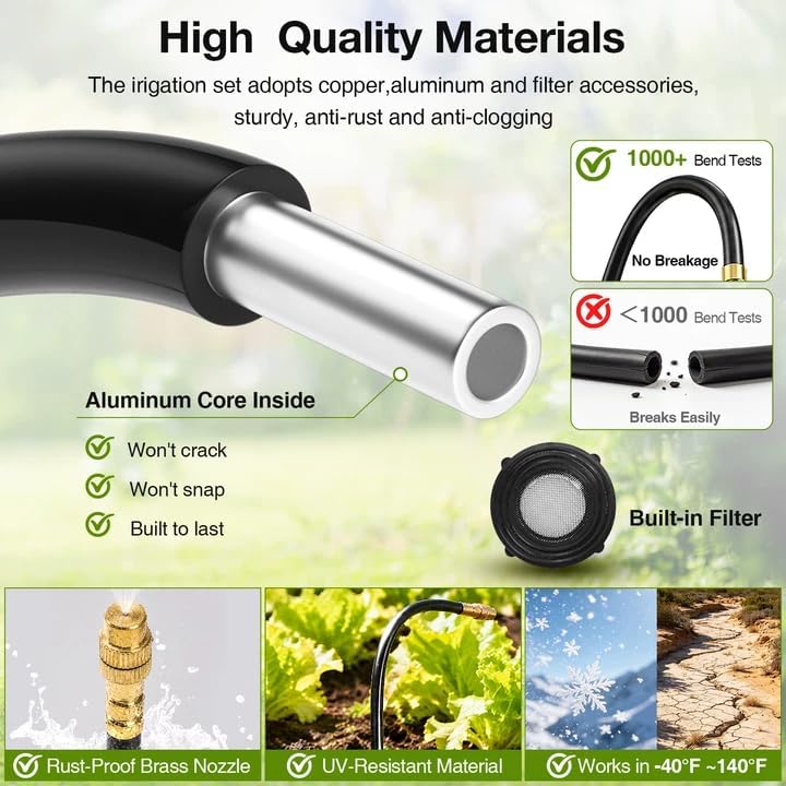 Pro-Series Drip Irrigation System, 100FT 1/4" Garden Watering System with 16pcs 360° Bendable Copper Nozzles, Leak-Free