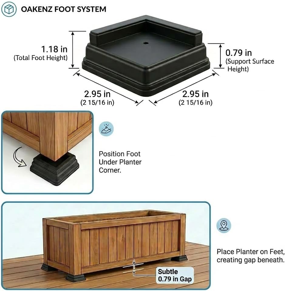 Corner Planter Feet – Pot Feet for Square & Rectangular Planter Boxes – Improves Drainage & Helps Protect Decks –