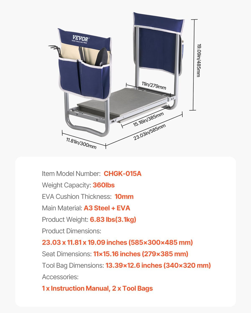 VEVOR Garden Kneeler and Seat Heavy Duty, Portable Garden Stool with 11'' EVA Kneeling Pad and 2 Tool Bags, Folding