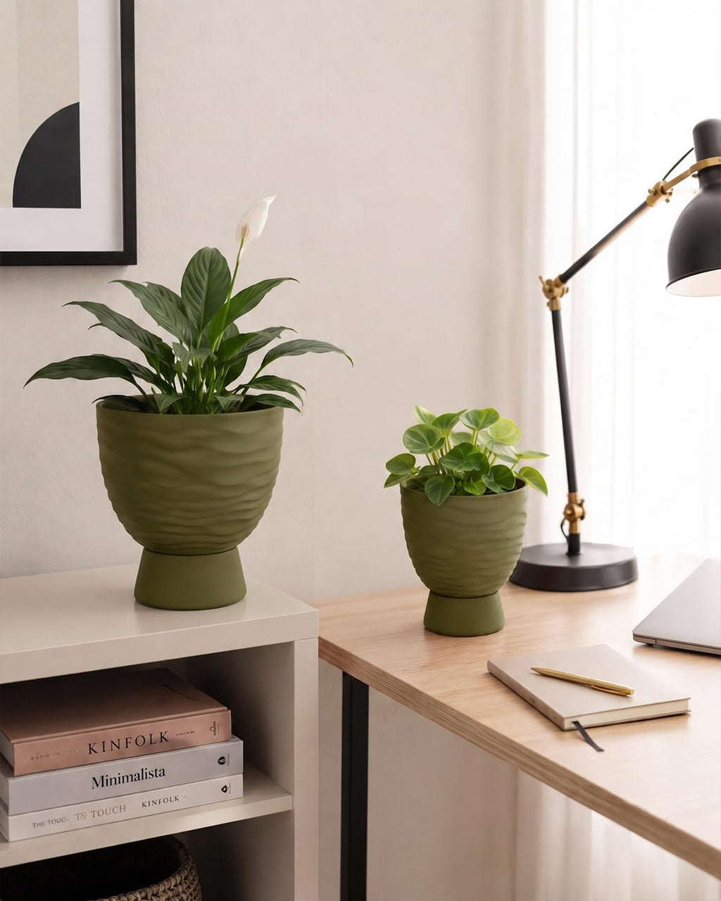 Green Terracotta Self Watering Plant Pots, 6 and 8 Inch with Saucers | Small and large clay flower pots with drainage