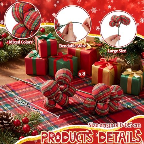 Daifunli 8 Pcs Buffalo Plaid Christmas Ball Tree Picks 7.87 Inch Xmas Picks