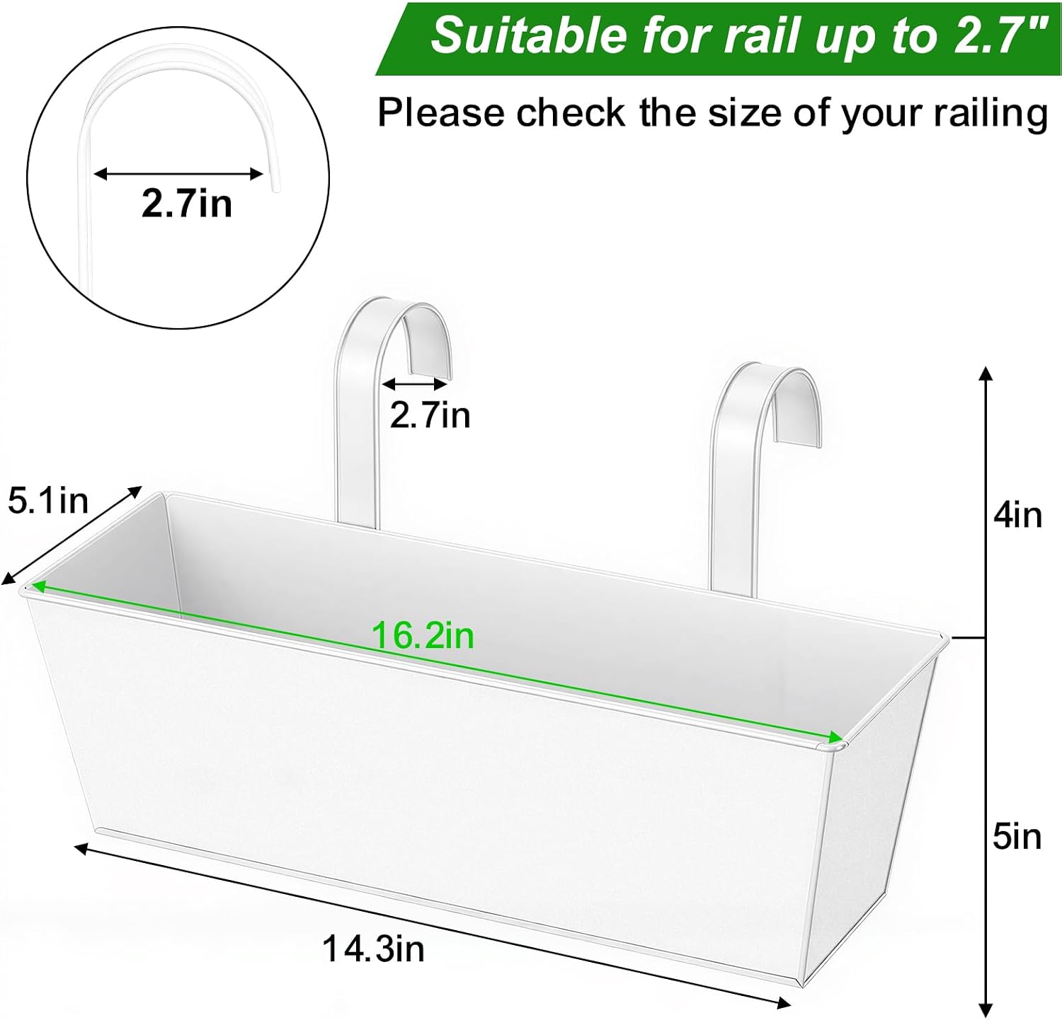 3 Pcs Large Hanging Flower Pots for Railing Or Fence 16 Inch Railing Planter Box for Any Balcony, Porch or Deck
